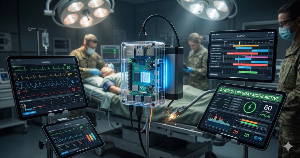 De Novo xGrid Medical Appliance - Raspberry Pi hub with tablets showing anesthesia monitoring and Lifeboat Mode