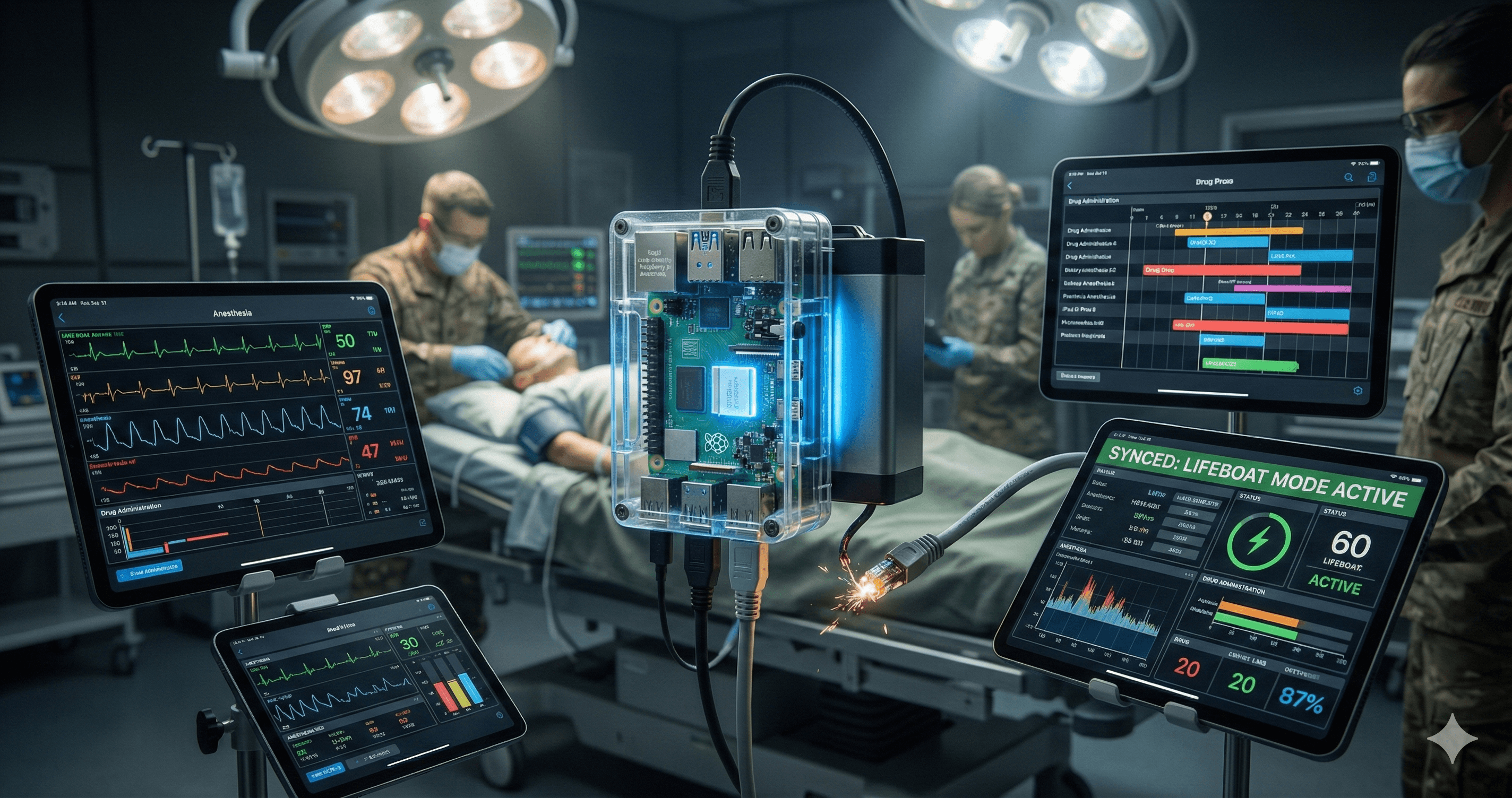 De Novo xGrid Medical Appliance - Raspberry Pi hub with tablets showing anesthesia monitoring and Lifeboat Mode